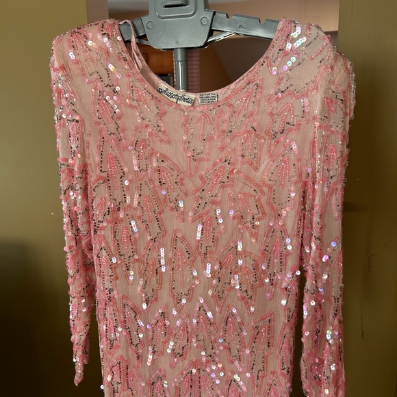 100% Pure Silk Vintage Retro Pink Long Sleeve Dress Beaded Sequins Made in India - Picture 2 of 9